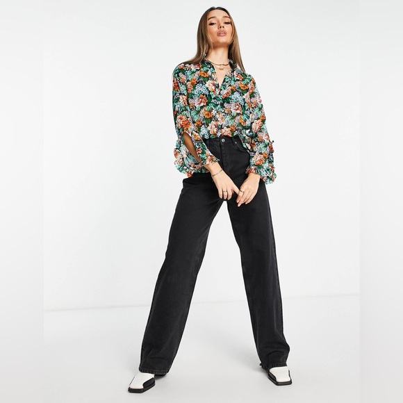 River Island Orange Green Ruffled Floral Print Button Down Shirt Size US-8 - Picture 10 of 11